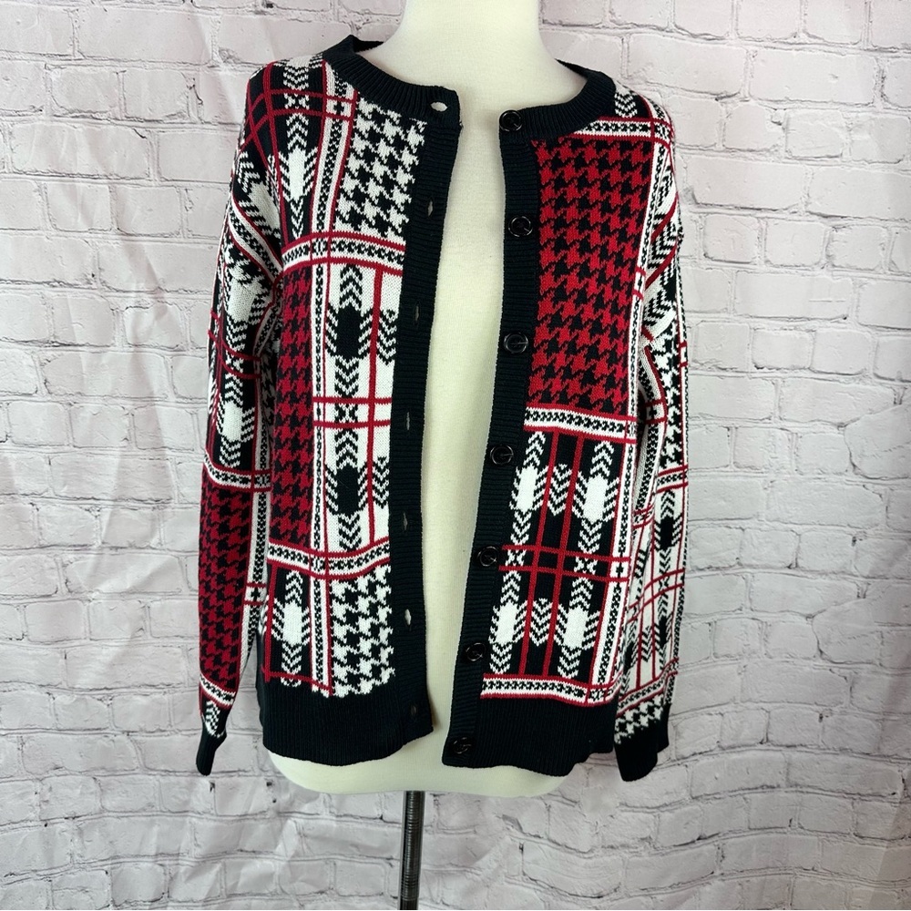 vtg Coldwater Creek houndstooth patchwork plaid Cardigan sweater women M layer